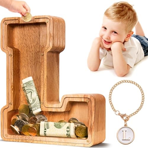 SummiDate Wooden Letter Piggy Bank| Piggy Bank for Boys Girls Toddler| Alphabet L Money Bank| Coin Bank Birthday Gift for Kids|Birthday Easter Gifts for Kids (L)