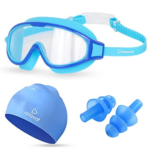 Airavat Swimming Kit, 0024 Swimming Set for Men & Women with Swimming Goggles Case, Swim Goggle, Earplugs & Swim Cap, Anti-Fog & UV Protected, High Elasticated with Silicone Material (Blue)