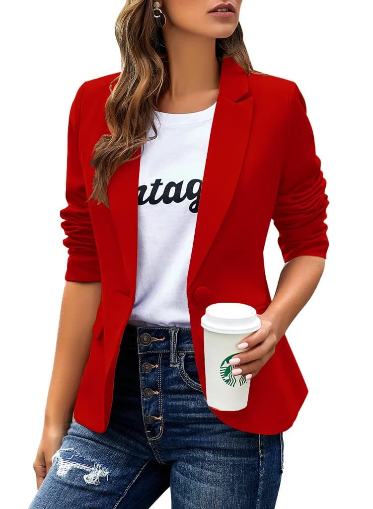 Womens Casual Blazers Long Sleeve Lapel Button Slim Work Office Blazer Jacket(Red,Small)
