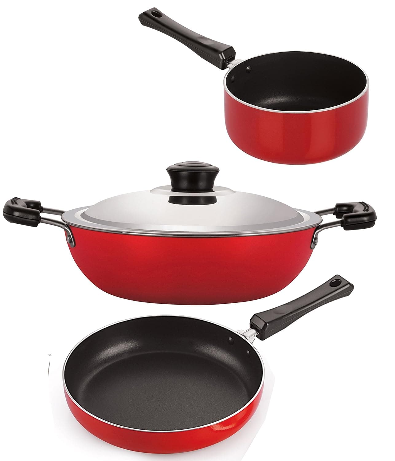 Nirlon Nonstick Aluminium Premium Big Deep Kadai Sauce Pan and Fry Pan Kitchen Cooking Item Set, 2.6mm_FP11_DKD(B)_SP(M)
