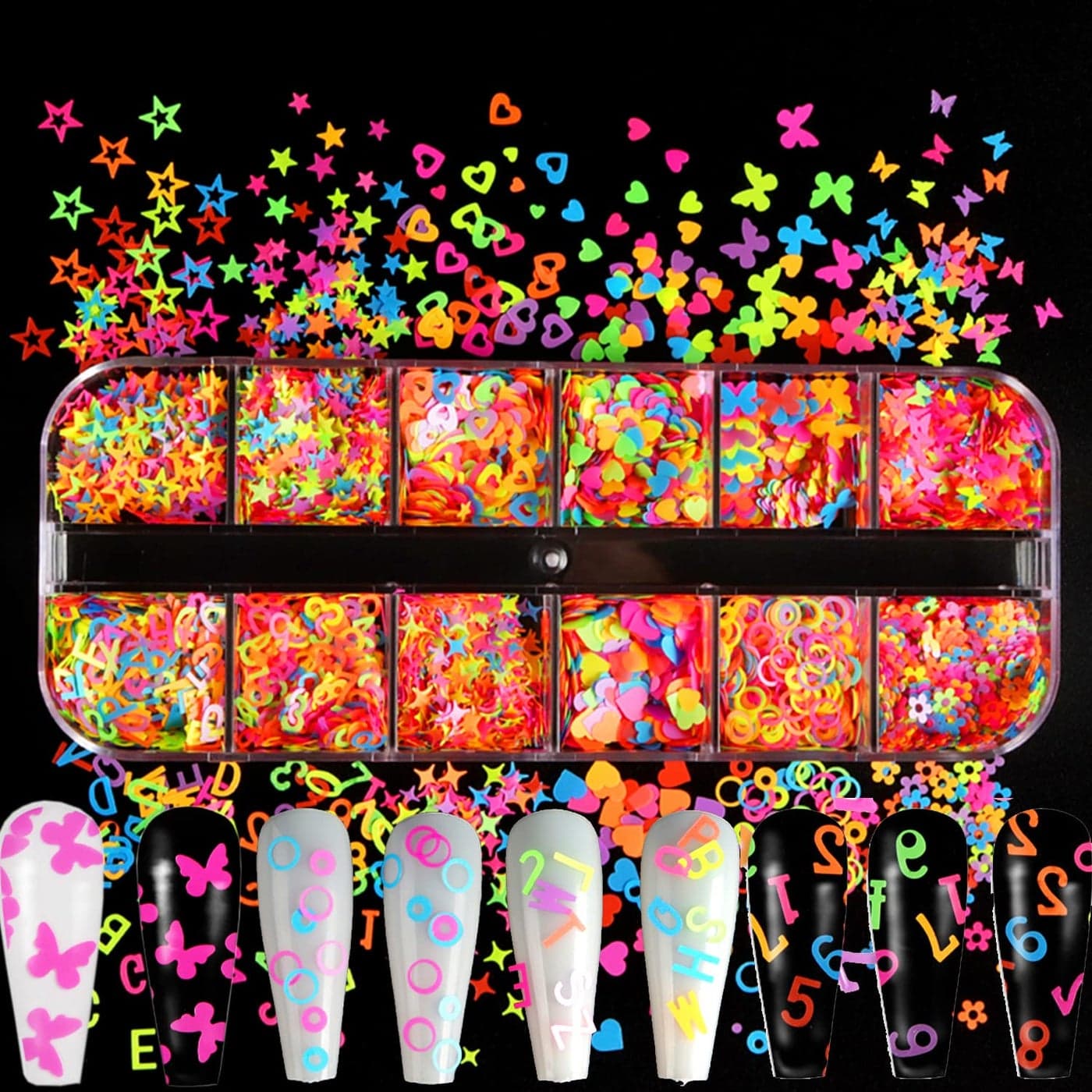 Luminous Nail Art Sequins Fluorescent 3D Nail Glitter Flakes Design Butterfly Flowers Stars Heart Letters Nail Decorations Holographic Acrylic Supplies Accessories False Nails Manicure Confetti Kit