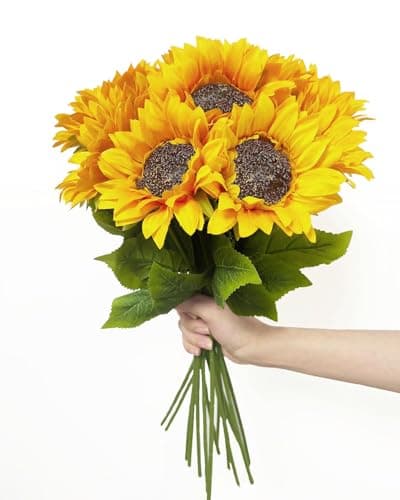 Aoztio 10PCS Sunflowers Artificial Flowers Fake Silk Sunflower with Long Stem Artificial Sunflowers for Fall Home Decor Baby Shower Wedding Decor and Cemetery Flowers Decor