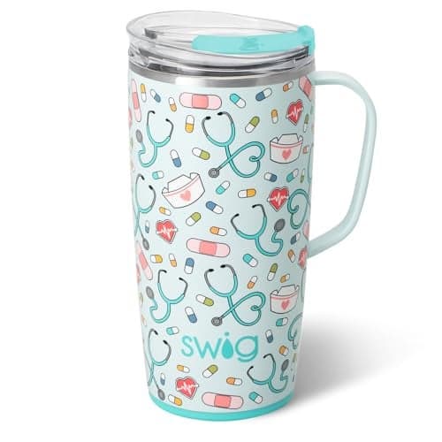 Swig Life 22oz Travel Mug Insulated Tumbler with Handle and Lid Cup Holder Friendly Dishwasher Safe Stainless Steel Insulated Mug with Lid Nurse Gifts for Women Scrub Life