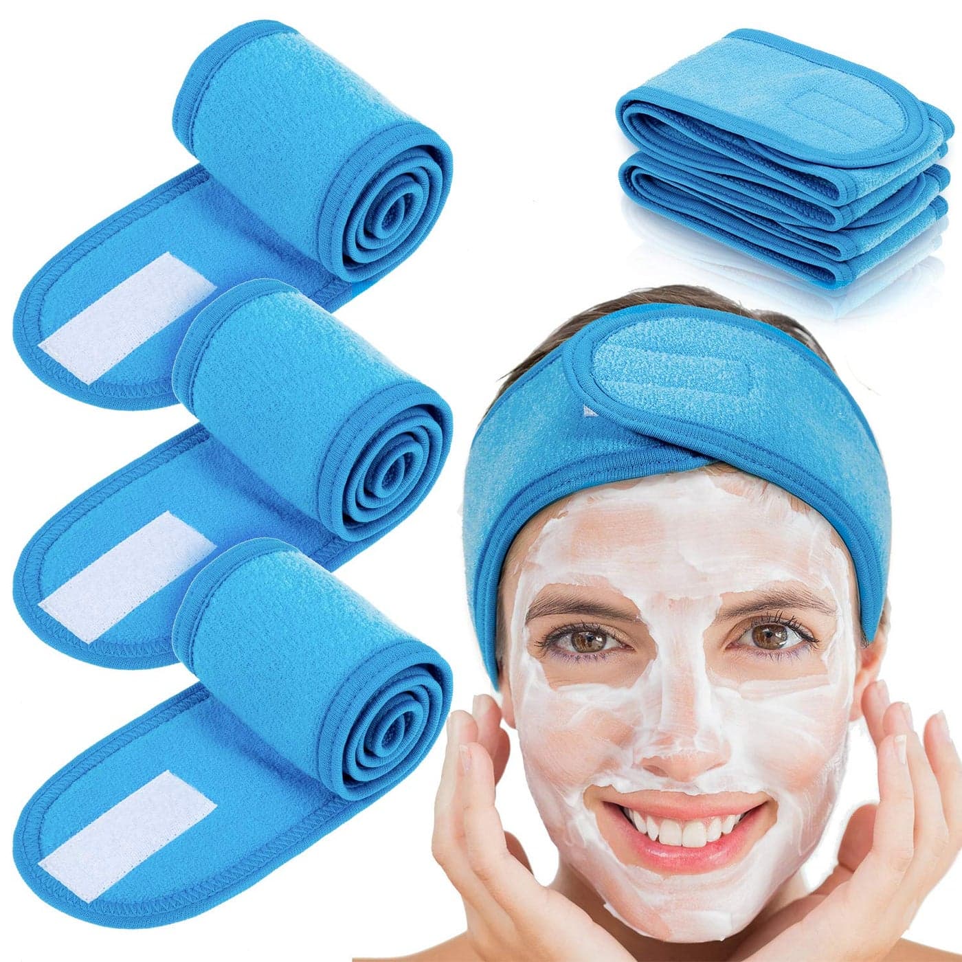 Whaline 4 PCS Spa Headband Make up Hair Band Stretch Terry Cloth Headband for Sport Yoga Shower Blue