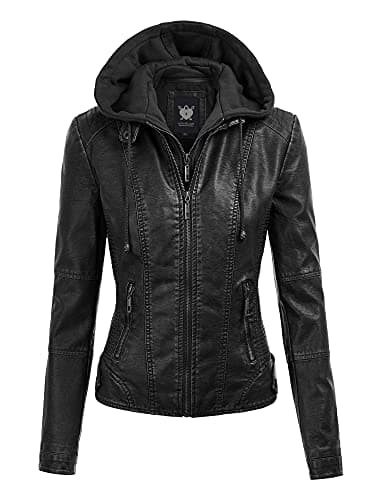 Lock and Love LL WJC1044 Womens Faux Leather Quilted Motorcycle Jacket with Hoodie XL Black