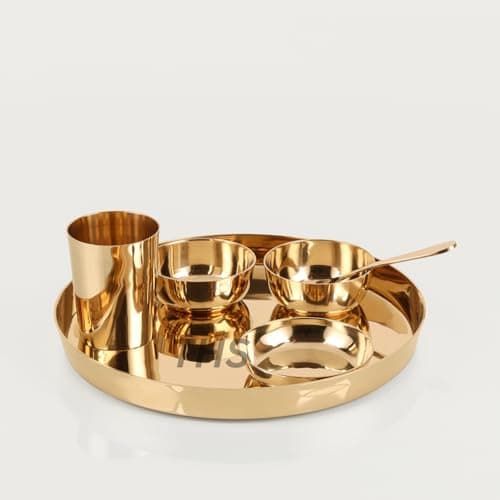 The healing store 6-Piece Kansa Solid Dinner Set|Matte Finish|1 Plate (11.5" Thali),2 Bowls,1 Glass,1 Sweet Dish Plate,1 Spoon | Bronze Kansa Dinner Set 6 (Shine Polish)