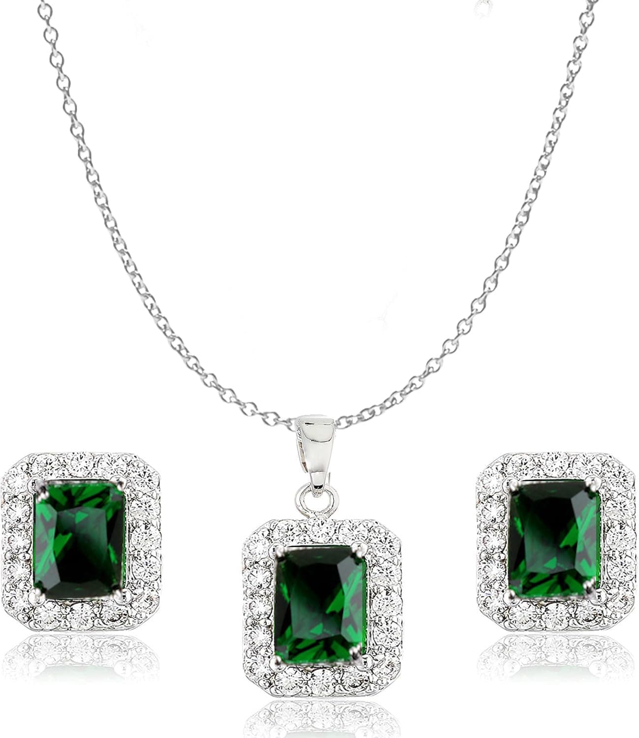 Crystalline Azuria Set with Green Simulated Emerald Zirconia Crystals Pendant Necklace 18 inches Stud Earrings 18K White Gold Plated for Women