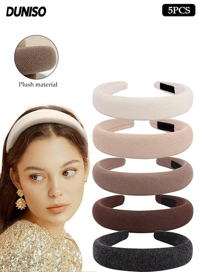 5 Pack Headbands for Women,Vintage French Style Thick Headband, Headwear with Soft Fabric ,Sponge and Padded Headbands for Face Washing Makeup Skincare, Fashion Winter Hair Accessories for Women