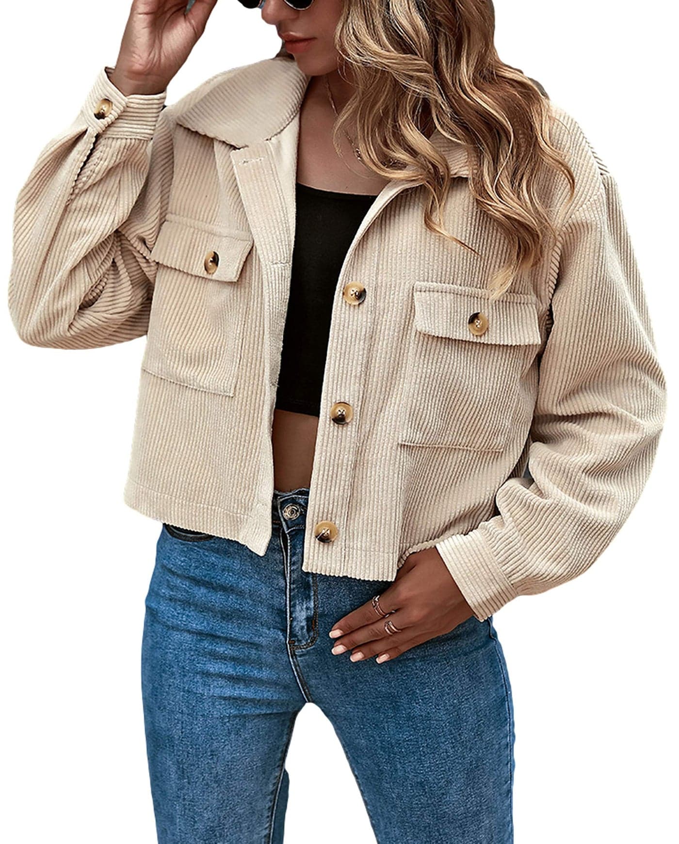 Gihuo Womens Fashion Cropped Shacket Button Down Corduroy Shacket Jackets Casual Plaid Long Sleeve Crop Jackets TopsApricotM