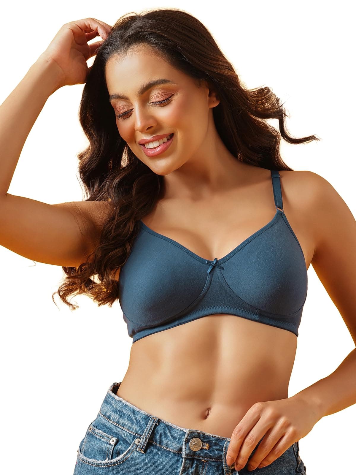 Clovia Women's Cotton Non-Padded Wire Free T-Shirt Bra (BR0184P0832B_Blue_32B)