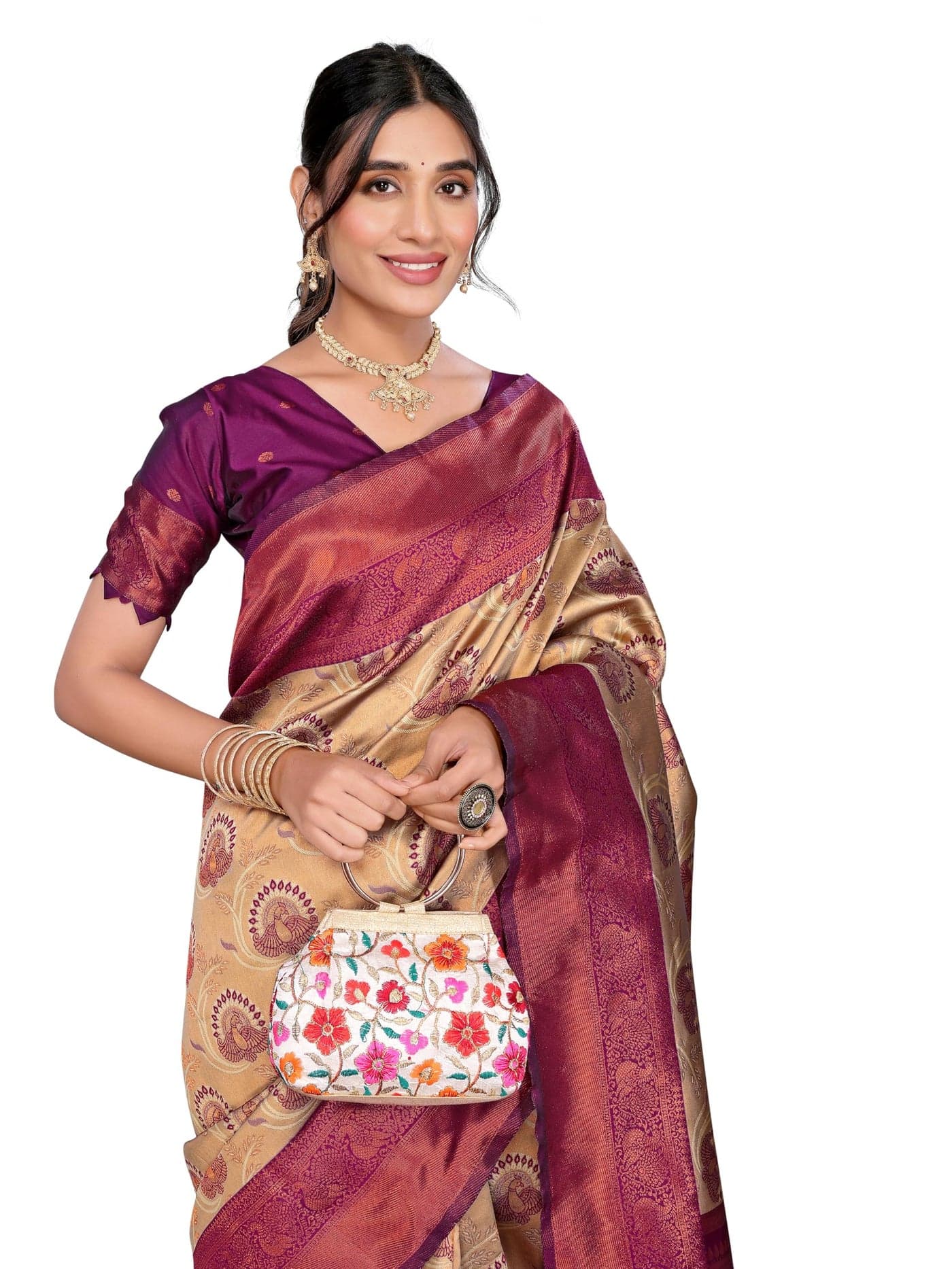 Avantika fashionWomen's Kanjivaram Soft Silk Banarasi Sarees With Blouse Piece For Women (CREAM WINE)
