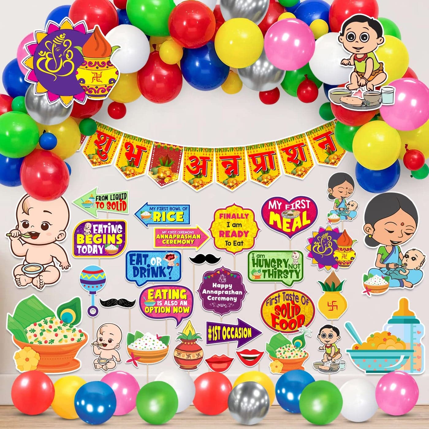 Zyozique Annaprasanam Cardstock Cutout with Annaprasanam Paper Bunting Paper Banner Hindi Font Shubh Annaprashan and Balloon,Photo Booth Props (Pack of 74)