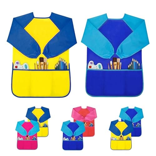 Milifox 2 Pack Kids Art Smock, Toddler Painting Smock,Waterproof Long Sleeve Kids Art Apron with 3 Pockets for Children