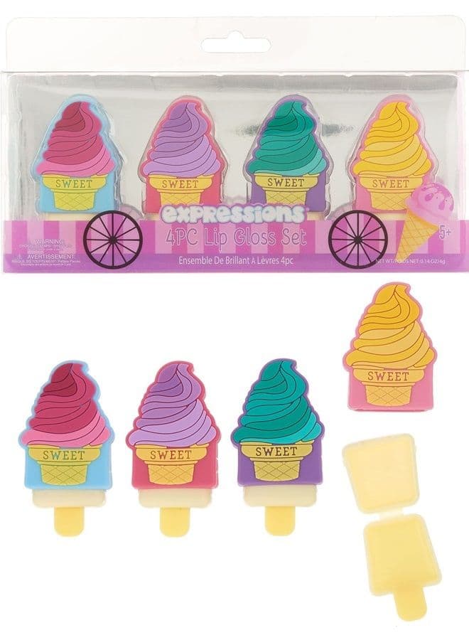 Expressions Girls Cosmetics Sweet Ice Cream Cone Popsicle Lip Gloss Collection – 4PC Set Novelty Pucker Pop Lip Balms