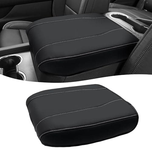 Center Console Cover for Chevy Silverado 1500 Accessories & GMC Sierra 2019-2026, Yukon & Tahoe & Suburban 2021-2026, Bucket Seat Only, Vinyl Armrest Middle Console Cover, Black-Gray Stitch