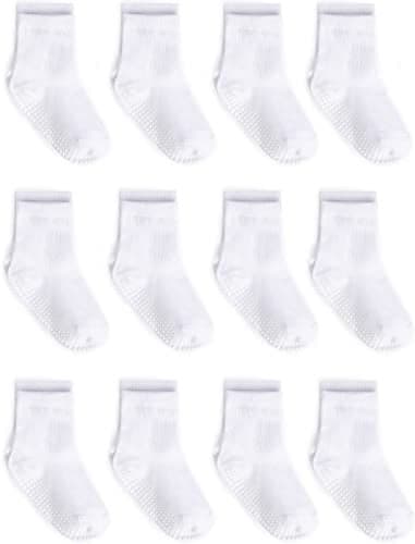 ZAPLES Baby Non Slip Grip Crew Socks with Anti Skid Soles for Infants Toddlers Kids Boys Girls, White, 4-7 Years