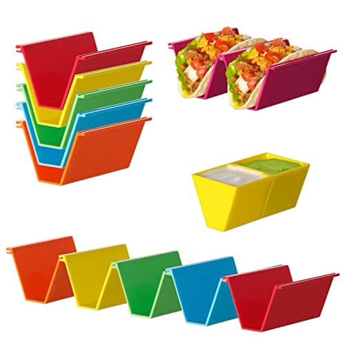 SanmChuf Microwave Safe Taco Holder Set of 12 Colorful Taco Stand with 2 Condiment DishesTaco Tray Plates for Taco Bar Gifts AccessoriesLarge Plastic StackbleConvenient Taco Shell RackBPAFree