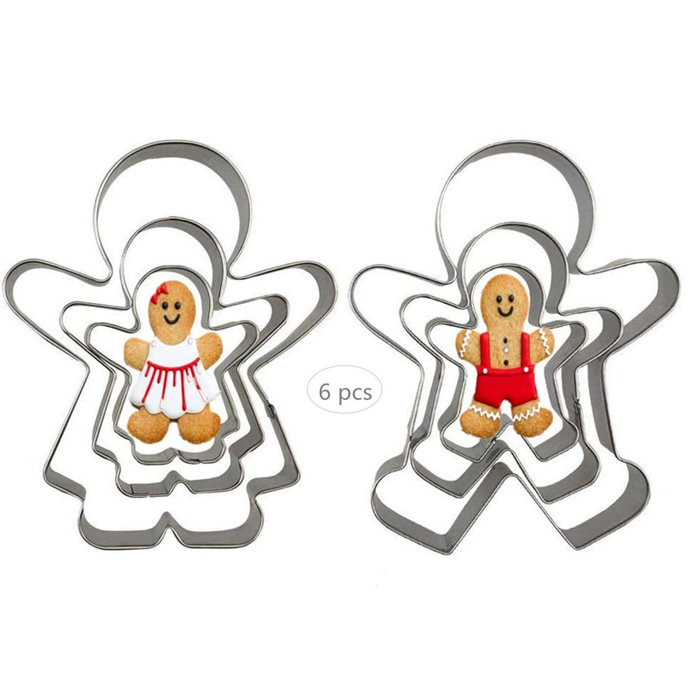 Gingerbread Man and Gingerbread Woman Shaped Cookie Cutters Set of 6 pcs Stainless Steel Christmas Gingerbread Families Boys and Girls Fondant Cutouts Set Baking DIY Molds