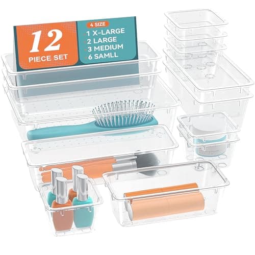 ElegantArray 12 PCS Drawer Organizer Set 4 Sizes Tool Storage Trays Clear Plastic Makeup Vanity Organizer and Storage Bins for Makeup Stationeries Multiple Gadgets for Bathroom Office Bedroom