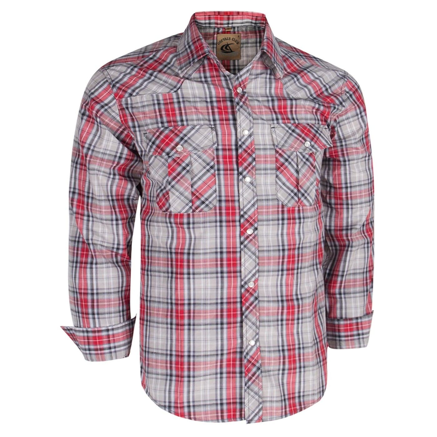COEVALS CLUB Men's Long Sleeve Casual Western Two Pockets Work Plaid Pearl Snap Button Up Shirt (Gray,Red/S, 22#)