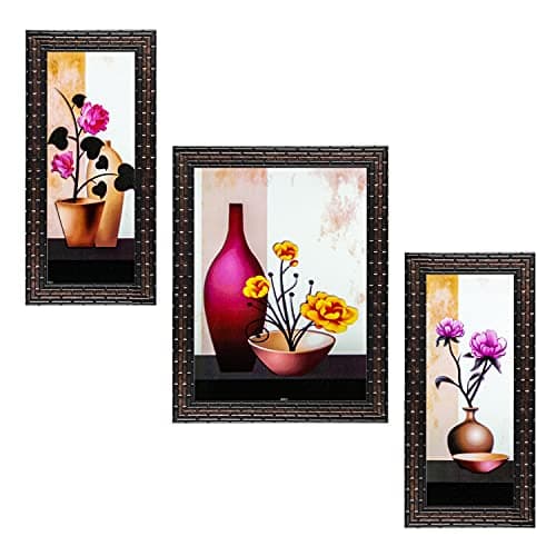 Indianara Set of 3 Flowers in Vases Framed Art Painting (3091GB) without glass 6 X 13, 10.2 X 13, 6 X 13 INCH