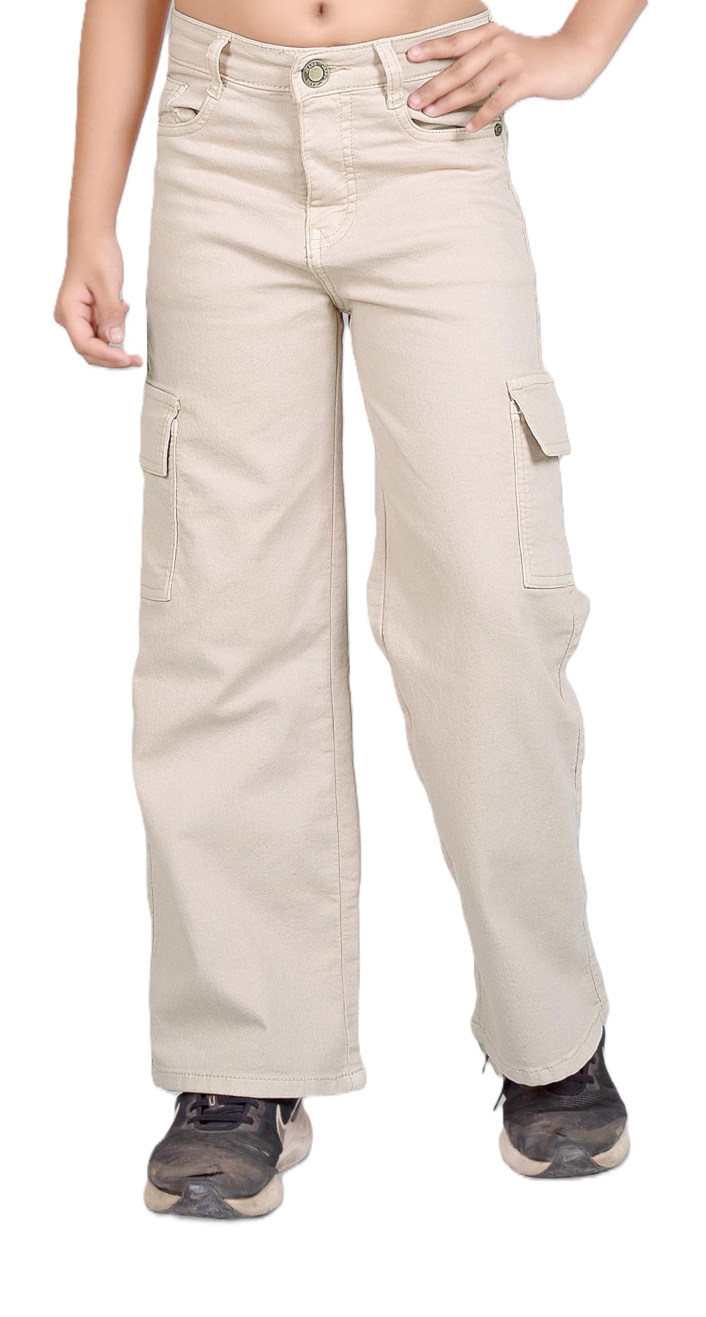 ADBUCKS Stretchable High Rise Cargo Style Straight Fit Jeans for Girls (in, Age, 7 Years, 8 Years, Beige)