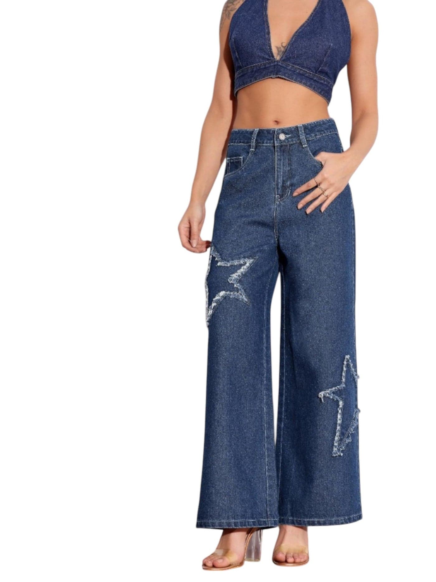 Miss Chase Women's High Rise Mildly-Distressed Regular-Length Stretchable Denim Wide-Leg Jeans (MCAW25DEN62-54-494-28, Ink Blue, 28)