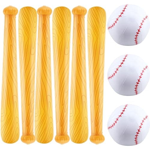 Feradny 9 Pack Inflatable Bat Set Include 6 Pcs 32 Inch Blow up Baseball Bat and 3 Pcs Ball Inflates Inflatable Wood Grain Bat for Summer Pool Sports Theme Birthday Party Favors