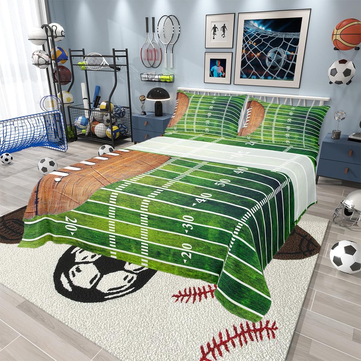 American Sport Football Bed Sheets Set Full for Boys Bedroom DecorSports Games Fitted Sheet Football Field Illustration Bedding Set 4Pcs 1 Fitted Sheet1 Flat Sheet2 PillowcasesGreen Brown