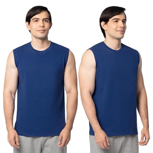 Fruit of the Loom Men's Eversoft Cotton Sleeveless T Shirts, Breathable & Moisture Wicking with Odor Control, Sizes S-4X, Muscle-2 Pack-Blue, X-Large