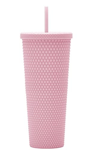 24oz Fully Studded Tumbler.Matte Light Pink Studded Tumbler with Lid and Straw.Reusable Double Walled Insulated Travel Tumbler.Plastic Acrylic Pastel Colored Tumbler Cup for Iced Coffee Smoothie.