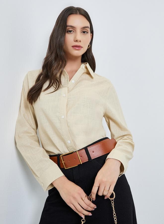 Beige Solid Long Sleeve Shirt