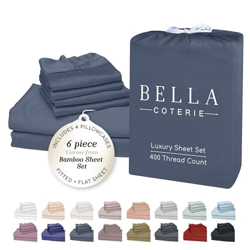 Bella Coterie 6 Piece Luxury Bamboo Viscose King Size Sheet Set 100 Organically Grown Cooling for Hot Sleepers 18 Deep Pocket Soft Hypoallergenic 4 Pillowcases Slate Blue