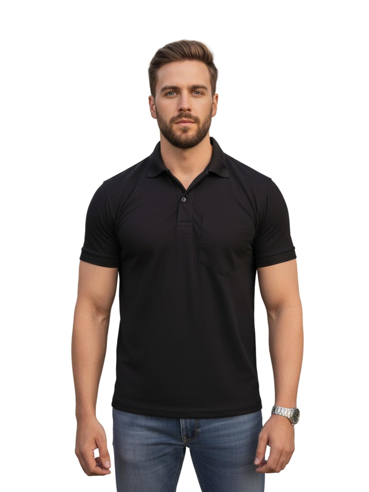 SMAN Polo T-Shirt Regular Fit Half Sleeves with Pocket and Bottom Neck Collar for Casual and Daily Use. | Black, Navy Blue, Maroon, Sky- Blue | (Large, Black)
