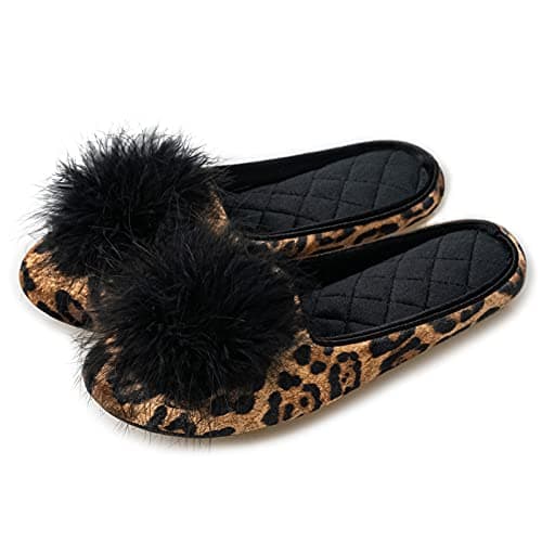 GRITHEIM Women's Fuzzy Pom Pom Feather Velvet House Slippers Sexy Cozy Bedroom Slippers for Ladies Non-slip Sole Indoor Outdoor Leopard 9-10