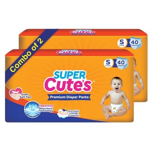 Super Cutes Premium Baby Diapers S Size, 80 Count, 4-8Kg, Super Soft and Rash Free Diaper Pants with 12 hrs Overnight Leakage Protection, Pack of 2