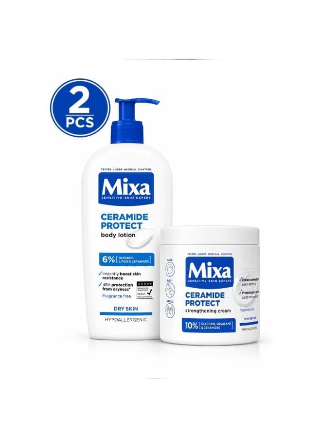 Mixa Ceramide Protect Intensive Dry Skin Care Set – Ceramide Protect Strengthening Cream 400ml + Ceramide Protect Body Lotion with Up to 48H Hydration 400ml