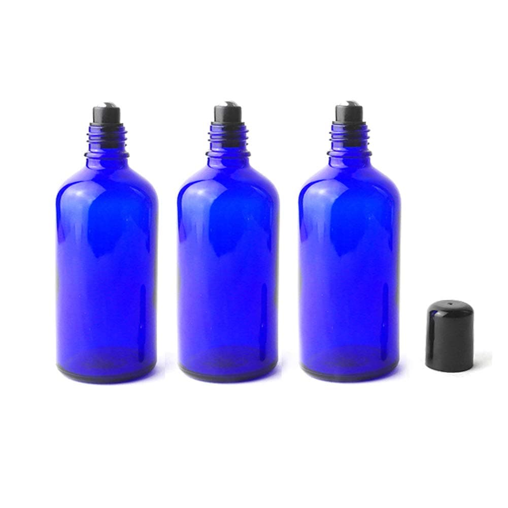 3PCS 100ml 34oz Empty Refillable Cobalt Blue Glass Rollon Bottle Essential Oil Roller Bottles with Stainless Steel Roller Balls and Black Cap Perfumes Lip Balms Attar Container