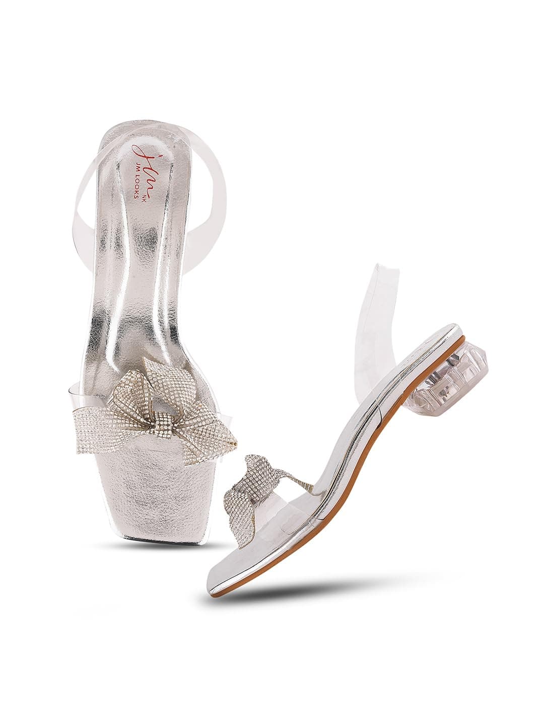 JM LOOKS Women’s Transparent Open-Toe Block Heels with Bow (Silver)