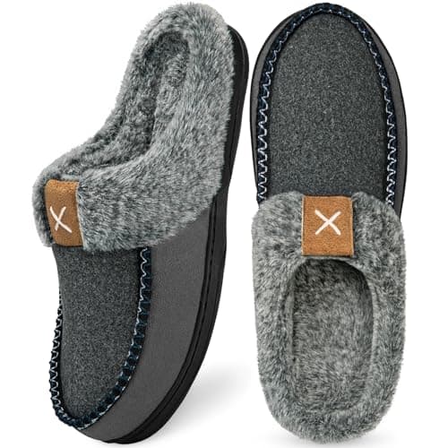 Homitem Mens Slippers Moccasins Memory Foam Fuzzy Slippers for Men Wool-Like Plush Fleece Lined House Shoes Indoor Outdoor Anti-Skid Rubber Sole Home Bedroom(Size 13-14,Smokey Grey)