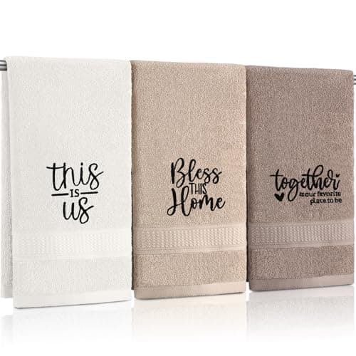 FuWeave 3 Pcs Farmhouse Decorative Hand Towels for Bathroom and Kitchen Rustic Embroidered Cotton Hand Towels Decorative Set for Boho Bathroom Decor(Brown,Inspirational Language)