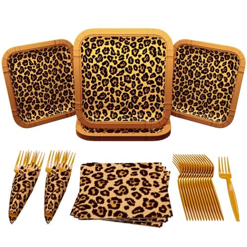 Blue Orchards Leopard Print Party Supplies Pack 60 Pieces for 16 Guests Leopard Cheetah Party Decorations Animal Print Plates Napkins