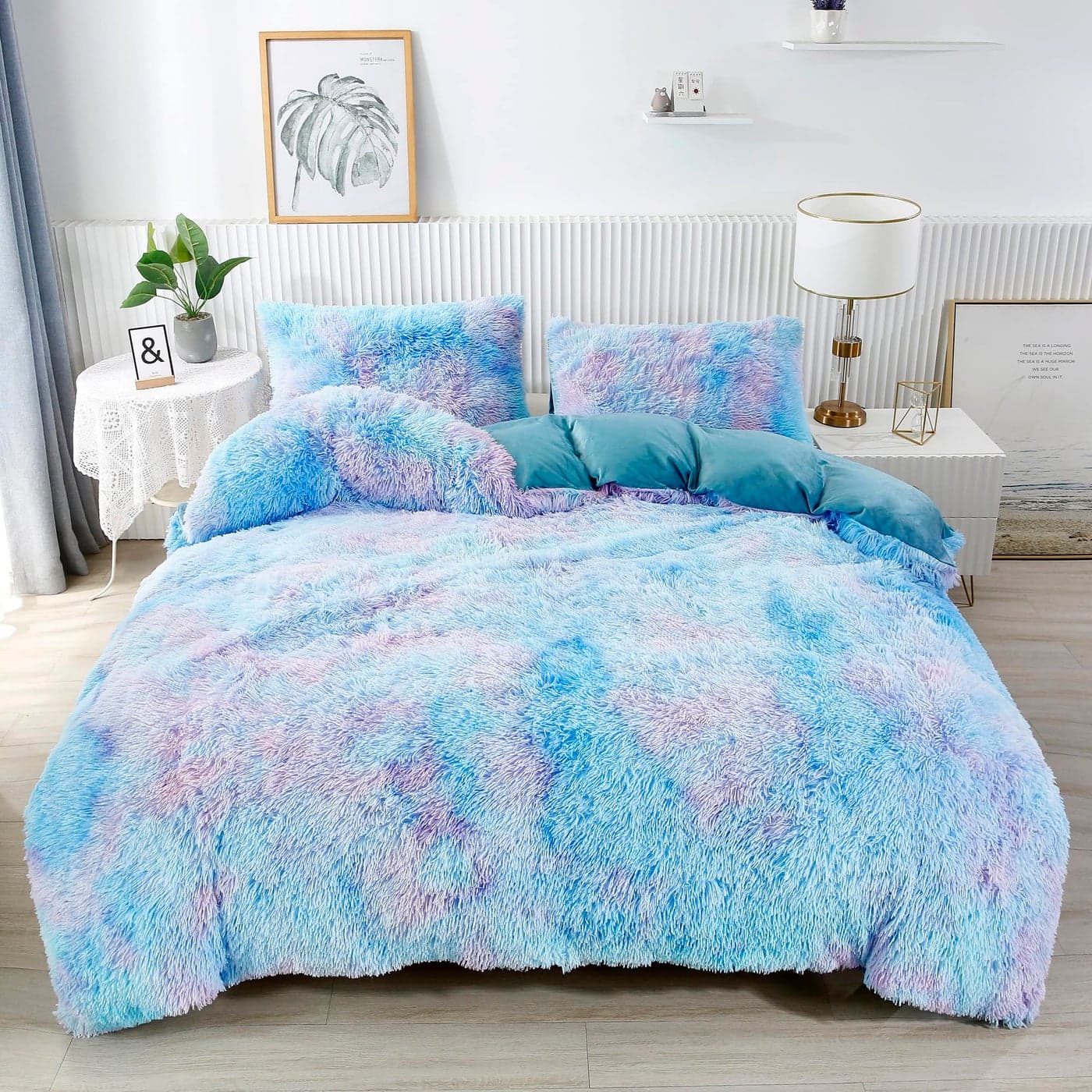 RYNGHIPY Super Soft Fuzzy Faux Fur Duvet Cover Set Rainbow Bedding Set for Girls Blue Tie Dye Plush Velvet Flannel Comforter Cover with 2 Pillowcases Colorful BlueQueen