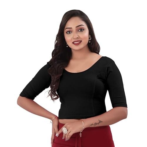 DESI GIRL - Round Neck Cotton Lycra Regular Fit Saree Blouse for Women | Bracelet - 3/4 Sleeve Readymade Stretchy Embroidered Design Festive Blouse Perfect for Saree, Lehenga, Kurti | Black - 40