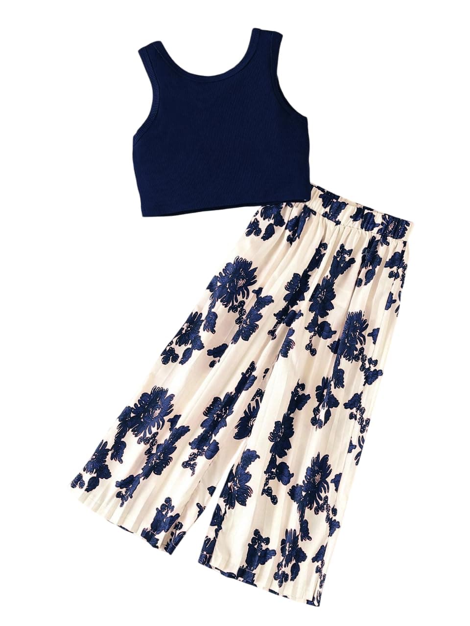 TAGAS Girls Polyester Solid Tank Top & Polka Dot Wide Leg Pants || COORDINATED OUTFIT || DRESS || TOP WITH PALAZZOS ||(GTP), Navy, 5-6 Years