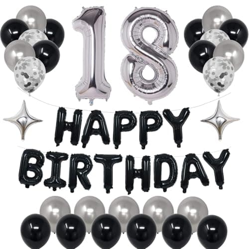 NANINUNENO 18th Black Silver Birthday Party Decorations for Boys Girls Men Women Happy 18 Birthday Party Supplies with Black Happy Birthday Banner18 Number Balloons Silver Foil Stars Happy