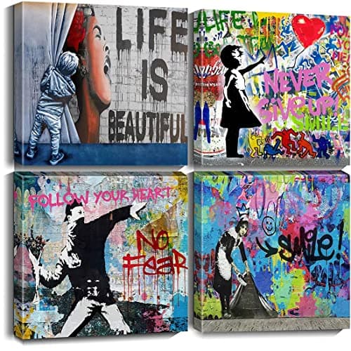 Biufo Banksy Canvas Wall Art Artwork Graffiti Street Print Pictures for Bedroom Living Room Wall Decor (12"x12"x4Pcs)