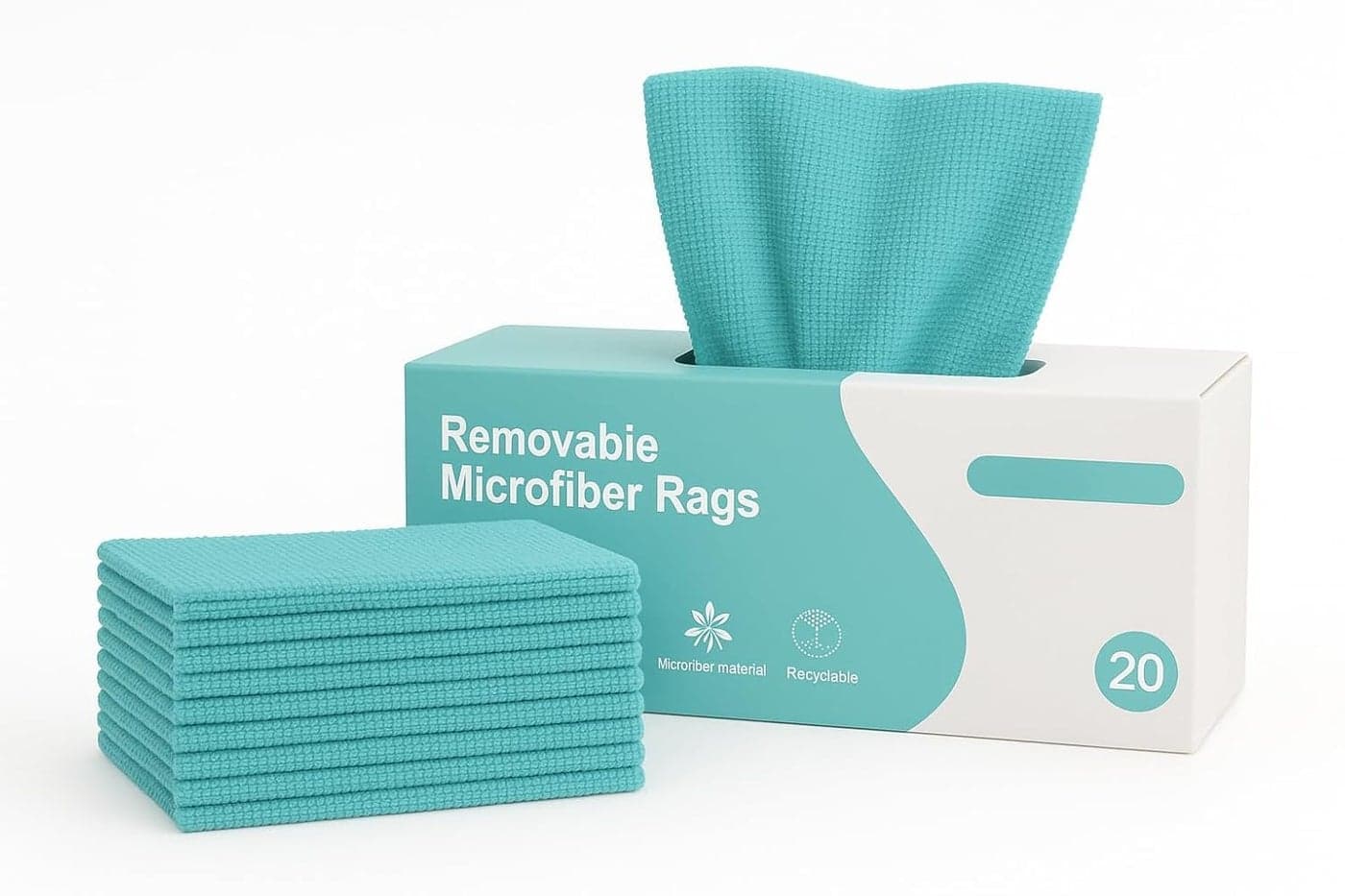 Outlay Home Microfiber Cleaning Cloth, 20 Pack, Reusable Teal Rags with Dispenser Box, Multi-Surface Cleaning for Kitchen, Car Interior, Tableware, Stains, Faucets, Mirrors, Glass (Aqua_Green)