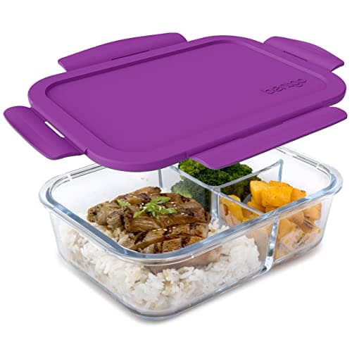 Bentgo Glass Lunch Box - Leak-Proof Bento-Style Food Container with Airtight Lid and Divided 3-Compartment Design - 5 Cup Capacity for Meal Prepping, and Portion-Controlled Meals for Adults (Purple)
