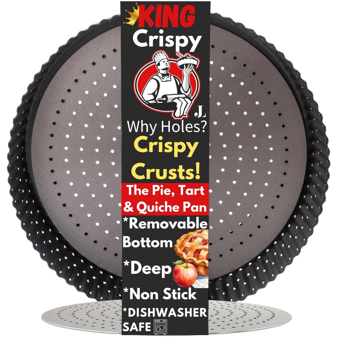Jean Lemond Why Holes For The Crispiest Crusts King Crispys Deep Pie Tart Quiche Pan A NonStick Removable Bottom Dishwasher Safe Perforated Pie Pan Baking Plate Dish 9 inch x 2 Deep